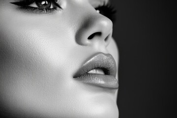 This minimalist close-up showcases the model's refined facial features in bold monochrome, creating an impactful image that focuses on the intricacies of beauty.