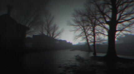 Foggy, eerie landscape with bare trees.