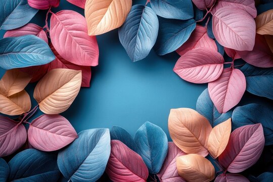 Autumnal Leaves Frame: A vibrant arrangement of colorful leaves, in shades of pink, gold, and teal, creating a natural frame with a central teal space perfect for text or design.