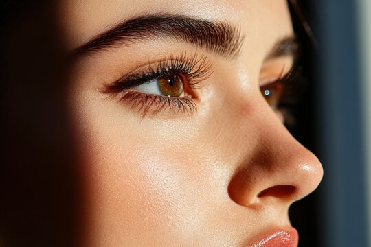 This stunning profile portrait captures the intricate details of a model's face, showcasing natural beauty illuminated by warm light and shadows from the environment.