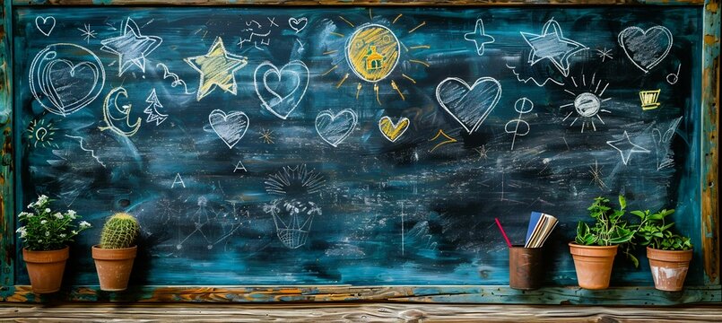 Kindness respect in learning are portrayed on a chalkdrawn blackboard with hearts peace signs and books creating a supportive atmosphere with space for positive messaging