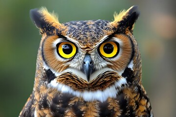 Obraz premium Great horned owl staring with intense yellow eyes and blurred green background