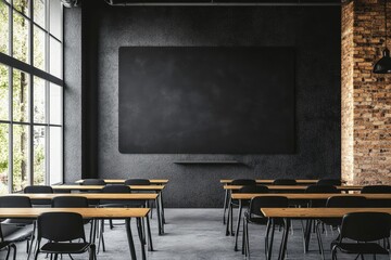 Modern classroom with an empty chalkboard. AI generated illustration.