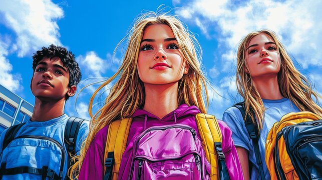 Comicbook  scene sharp dynamic lines vivid colors showcasing high school activities like sports studying socializing offering energetic actionpacked atmosphere with open space for design elements