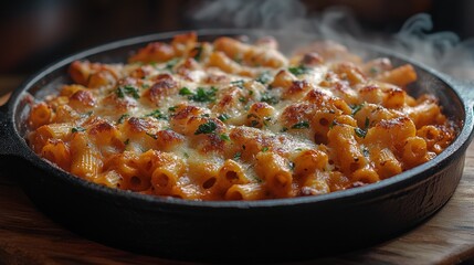 Baked pasta dish with cheese in a skillet, steaming on a wooden surface