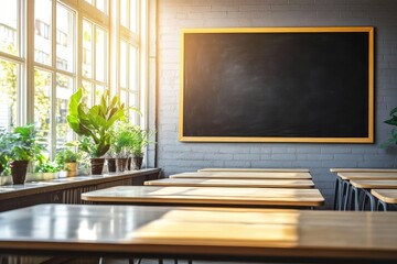 Modern classroom with an empty chalkboard. AI generated illustration.