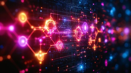 Obraz premium Cyberpunk STEM illustration glowing neon gears circuit boards and atoms set against a dark background symbolizing innovation and technology with open areas for futuristic themes