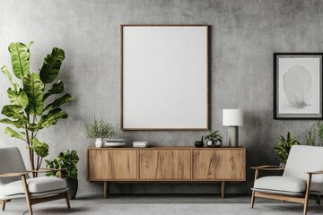 Modern concrete and wooden office lobby with empty white mock-up poster. AI generated illustration.