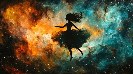 Naklejka premium Silhouette girl floats in cosmic nebula