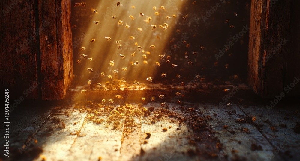 Poster sunlight filtering through window grills creating a magical atmosphere with dust particles and faded