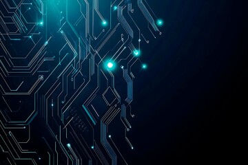 Abstract close-up of a glowing blue digital circuit board, showcasing intricate connections and technological design on a black background.
