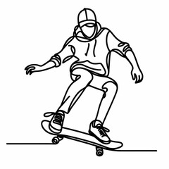 Fototapeta premium A teenager skateboarding, in one line black, white background