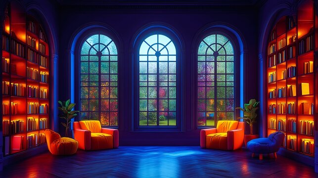 Dynamic flat vector illustration of library interior with colorful bookshelves and cozy reading areas using bright colors to create a tranquil learning space with room for text