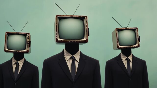 Surreal Image of People with TV Heads in Suits Symbolizing Mind Control Against Minimalist Background