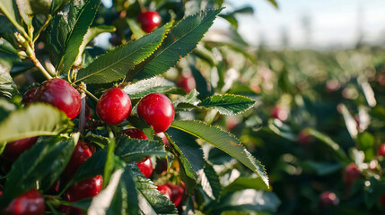 Obraz premium Rows of cherry trees with bright red fruit covered in morning dew, lush green leaves glistening under sunlight, fresh summer atmosphere, natural orchard setting, sustainable farming.