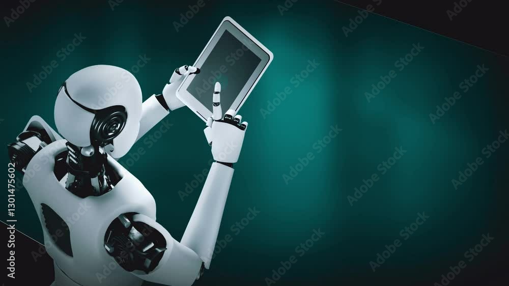 Poster robot hominoid using tablet computer for big data analytic using ai thinking brain , artificial inte