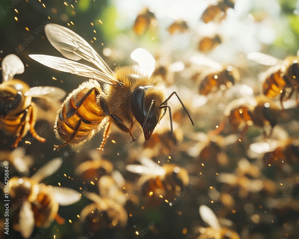 Aufkleber swarm of honey bees in nature captured in detail with beautiful sunlight and moving wings creating a