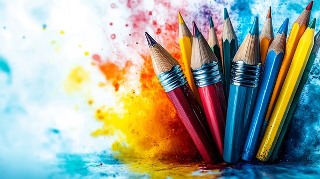 Splashpaint art featuring pencils books stars bursting from the center symbolizing creativity and energy with plenty of space for text overlays