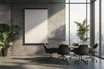 Modern concrete coworking office with city view, furniture, and empty banner. AI generated illustration.