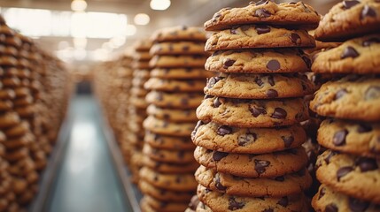 Massive display of 75000 chocolate chip cookies stacked artistically in a spacious bright area with warm lighting