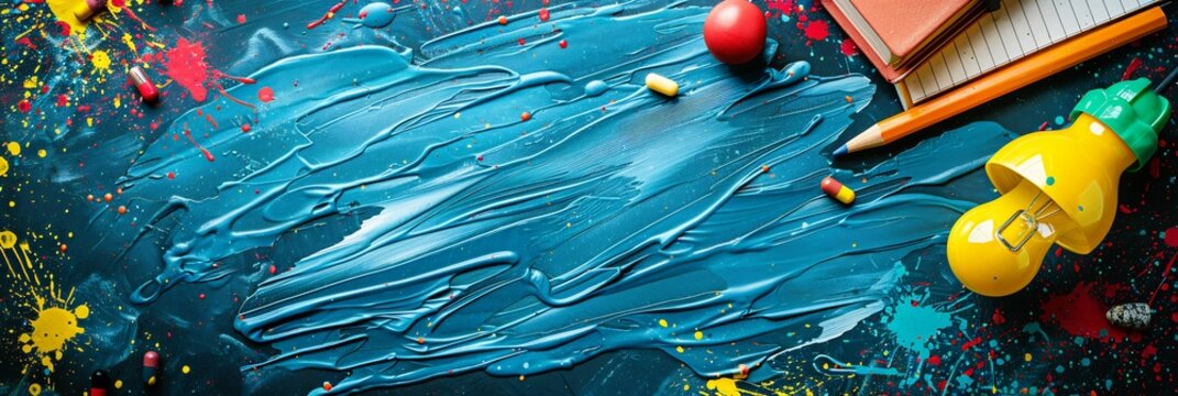 Flowing pastelcolored ink creates background where symbols like chalkboards and books seamlessly merge representing education and creativity with room for inspirational captions