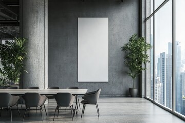 Modern concrete coworking office with city view, furniture, and empty banner. AI generated illustration.