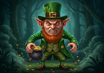 Angry Leprechaun: A Dark Fantasy Illustration of Gold and Forest
