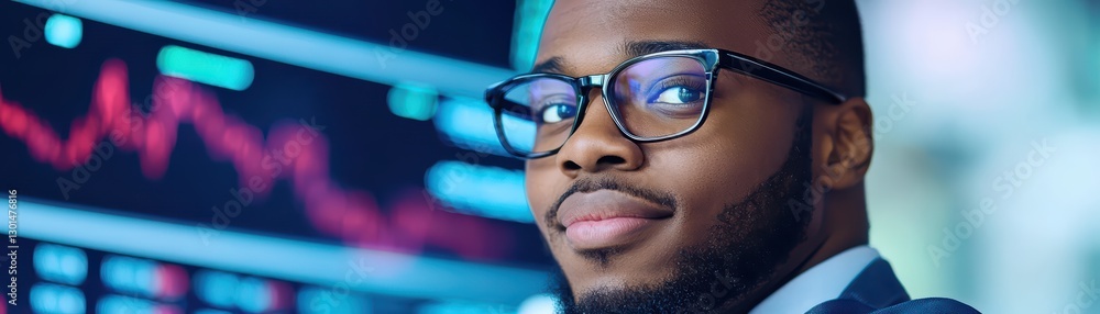 Poster professional stock trader analyzing data amidst market chaos in office environment