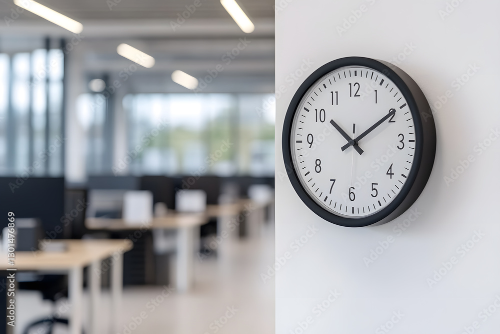Poster office clock: a minimalist clock hangs on a white wall in a modern office setting, symbolizing time 