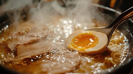 steaming tonkotsu ramen with soft-boiled egg and chashu pork