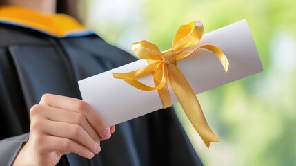 Student in Graduation Gown Holding Certificate with Yellow Ribbon in Focus