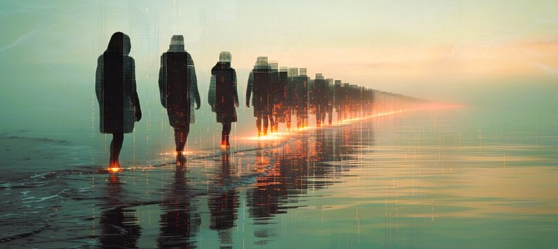 Glitchart design of a school sign transitions from classroom to beach with digital distortions capturing the playful excitement of summer and leaving ample space for captions