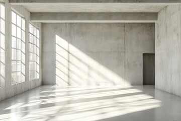 Fototapeta premium Modern concrete gallery interior with mock-up walls and white windows. AI generated illustration.