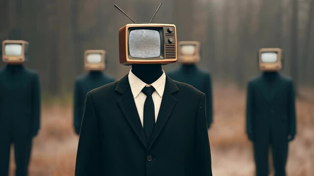 Surreal People with TV Heads in Suits Representing Mind Control and Media Influence in Foggy Forest, Dramatic and Conceptual Art with Vintage Aesthetic