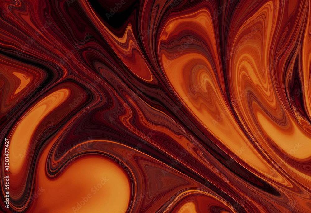Poster dynamic abstract design with smooth flowing swirls in rich orange and red hues, creating a vibrant, 
