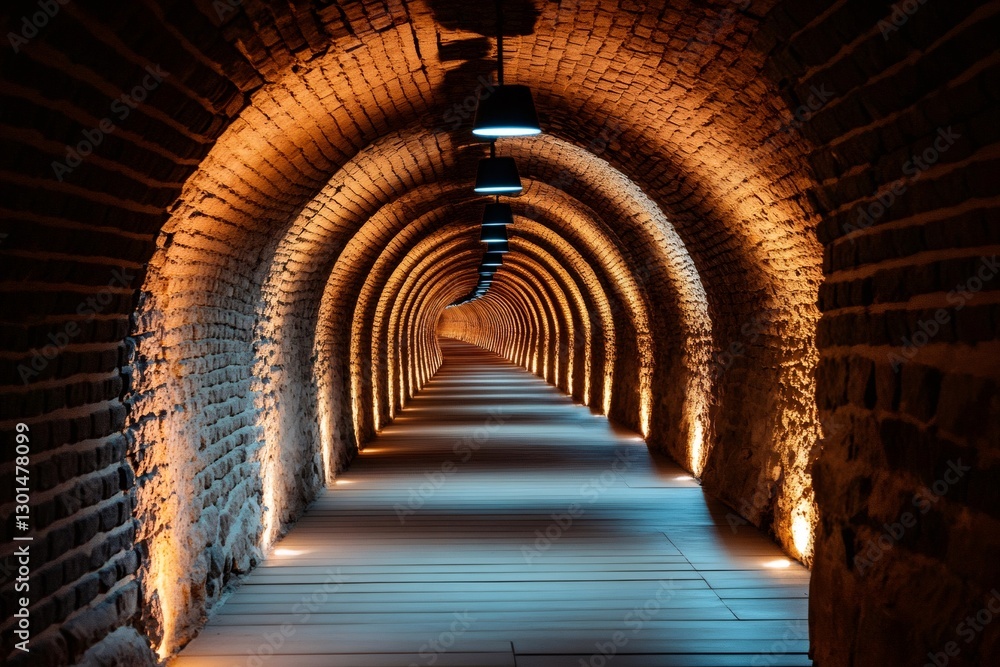 Poster long illuminated brick tunnel creating a vanishing point with wooden floor