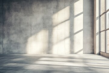 Modern concrete interior with sunlight and empty wall mockup place. AI generated illustration.