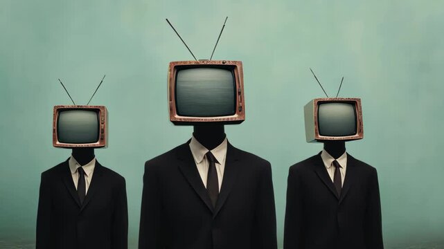 Surreal Image of Three Individuals in Suits with Vintage TV Heads Symbolizing Mind Control and Media Influence in a Minimalistic, Futuristic Setting with Teal Background