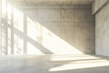 Modern concrete interior with sunlight and empty wall mockup place. AI generated illustration.
