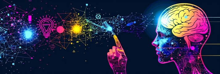 Creativity mentorship come alive with a holographic wireframe teacher holding a glowing notepad and pointer surrounded by swirling symbols like lightbulbs and stars leaving space for messages