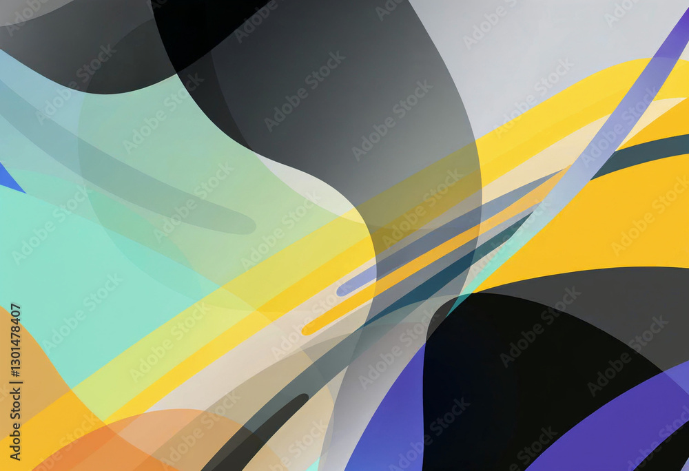 Poster dynamic abstract design with smooth flowing curves and vibrant colors of yellow, blue, black, and gr