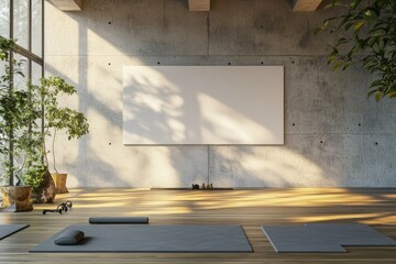 Modern concrete yoga gym interior with equipment, blank banner on wall, daylight and wooden flooring. AI generated illustration.
