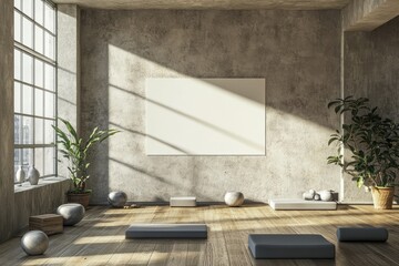 Modern concrete yoga gym interior with equipment, blank banner on wall, daylight and wooden flooring. AI generated illustration.