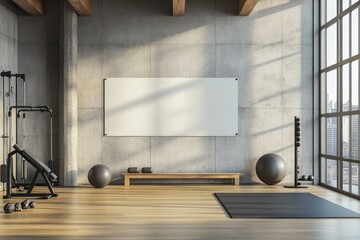Modern concrete yoga gym interior with equipment, blank banner on wall, daylight and wooden flooring. AI generated illustration.