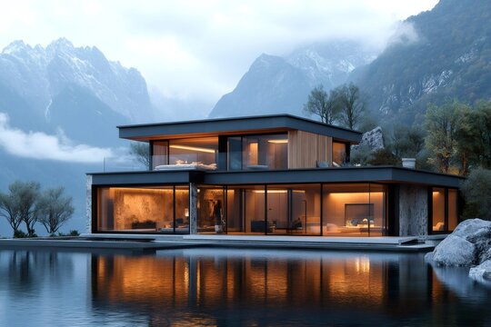 Modern luxury lakeside house reflecting on calm water at sunset with mountain view - Powered by Adobe