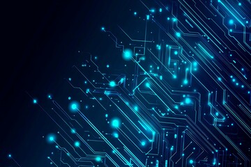 Obraz premium Abstract close-up of a glowing blue digital circuit board, showcasing intricate connections and technological design on a black background. 