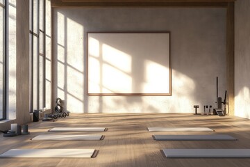 Fototapeta premium Modern concrete yoga gym interior with equipment, blank banner on wall, daylight and wooden flooring. AI generated illustration.