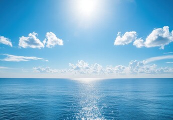 Obraz premium Tranquil Ocean View with Bright Blue Sky and Soft White Clouds Reflecting on Calm Water Surface for Nature and Travel Themes