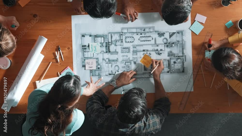Aufkleber top view of civil engineer writing and planning by using sticky notes to brainstorm idea. top down a