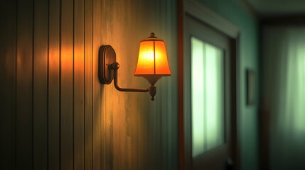 Warm wall lamp illuminates hallway